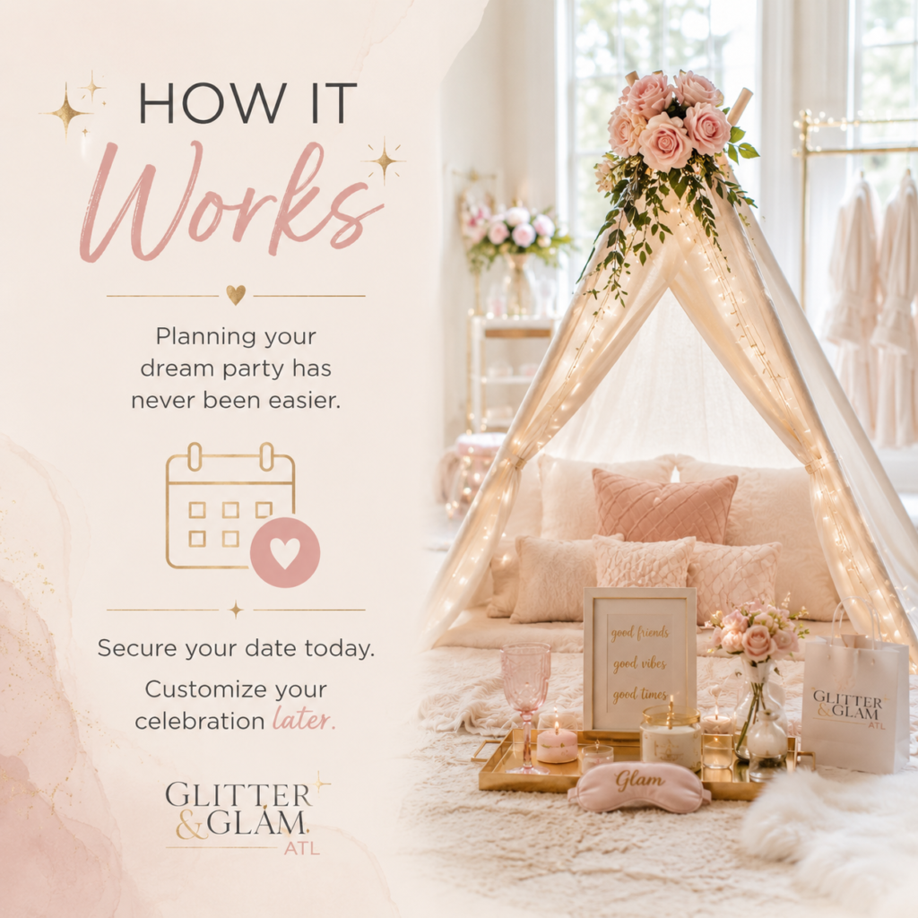 Luxury sleepover and spa party experience by Glitter & Glam ATL featuring teepees, robes, fairy lights, and premium party styling in Atlanta, Georgia.