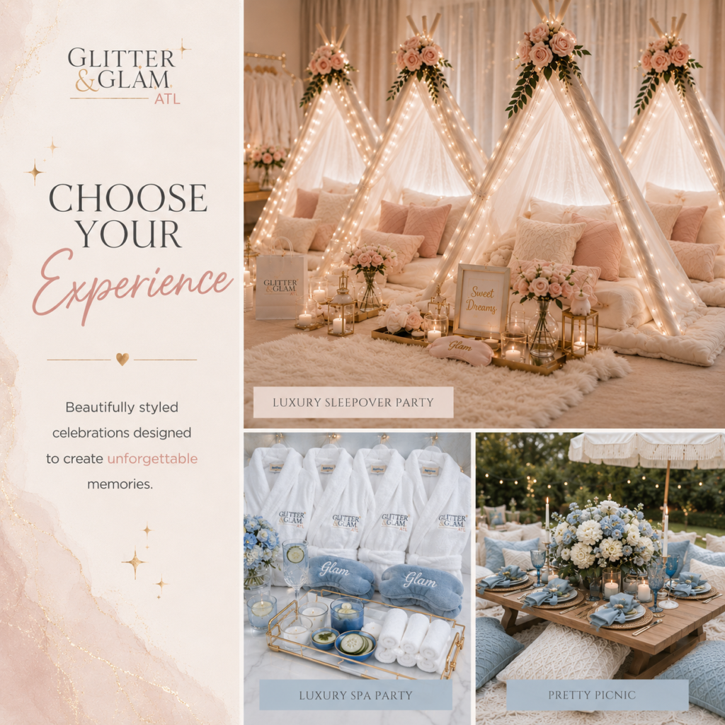 Luxury sleepover and spa party experience by Glitter & Glam ATL featuring teepees, robes, fairy lights, and premium party styling in Atlanta, Georgia.