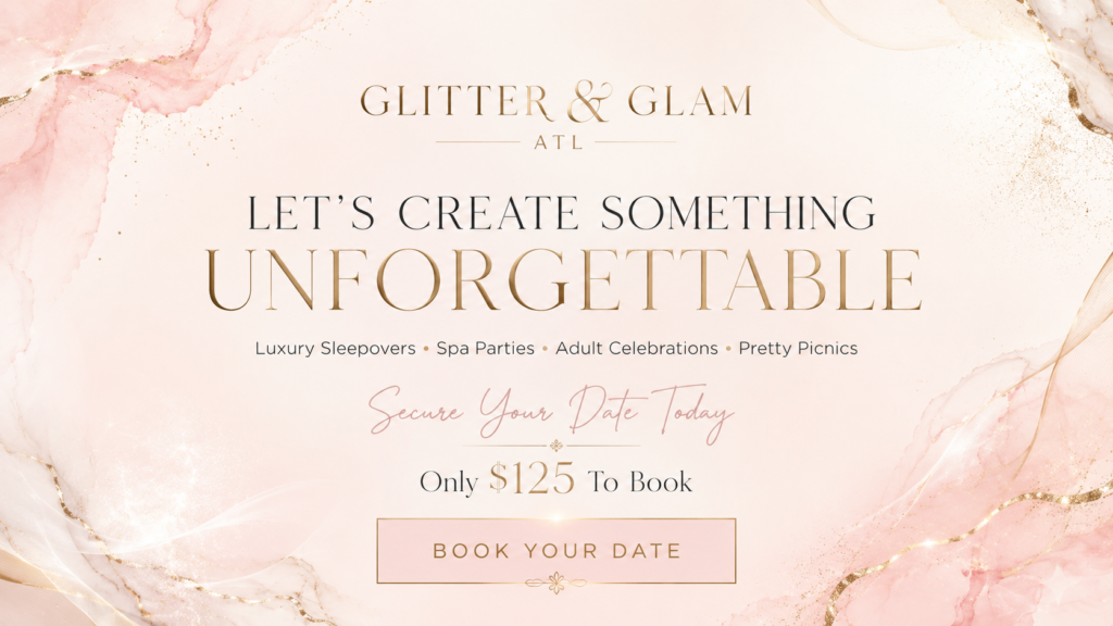 Luxury sleepover and spa party experience by Glitter & Glam ATL featuring teepees, robes, fairy lights, and premium party styling in Atlanta, Georgia.