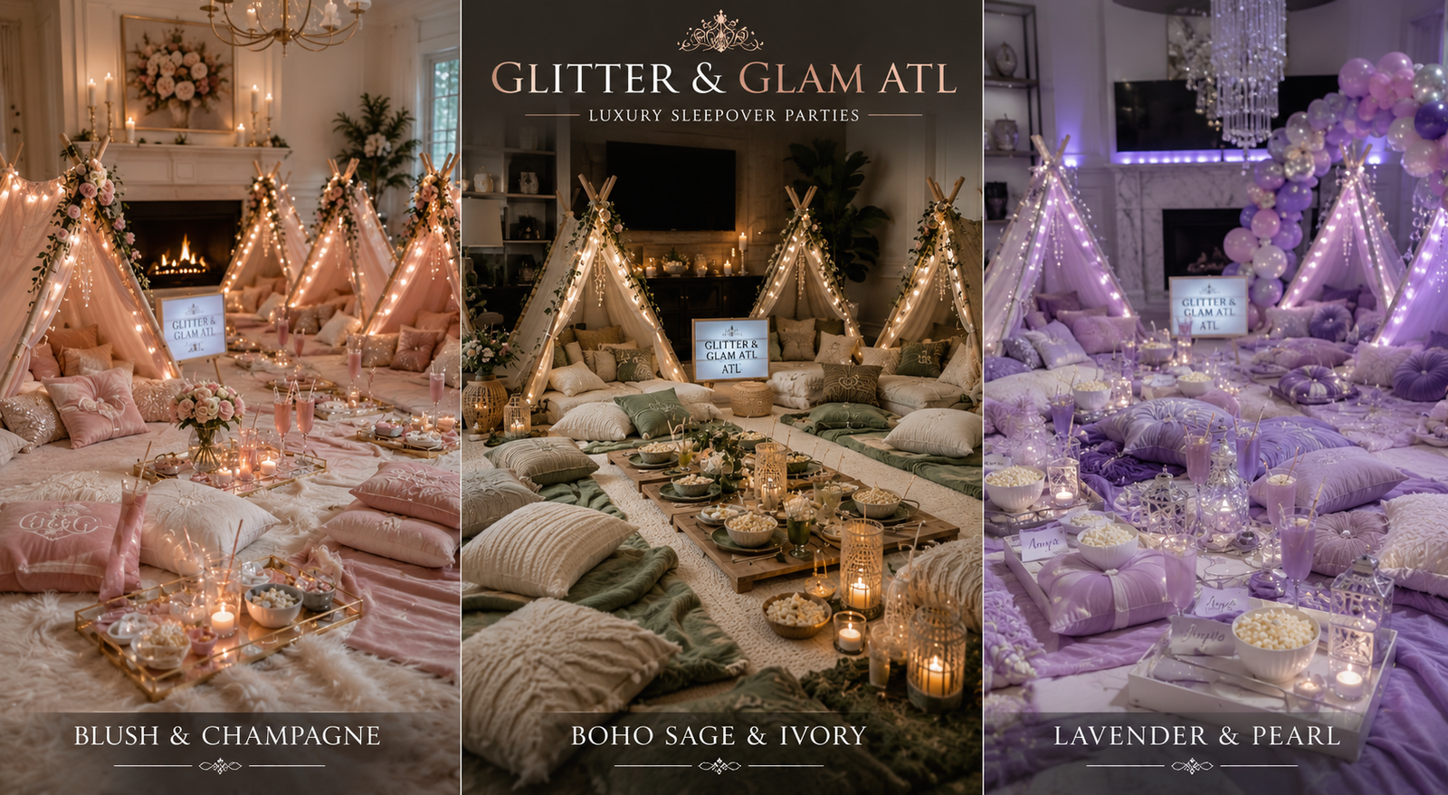 Luxury sleepover and spa party experience by Glitter & Glam ATL featuring teepees, robes, fairy lights, and premium party styling in Atlanta, Georgia.