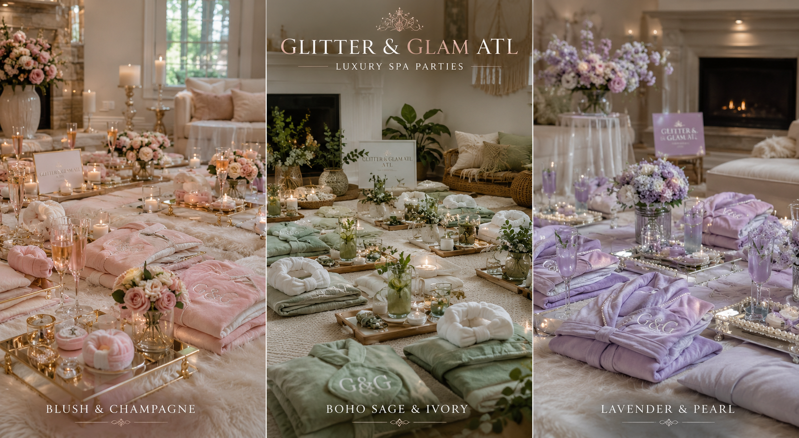 Luxury sleepover and spa party experience by Glitter & Glam ATL featuring teepees, robes, fairy lights, and premium party styling in Atlanta, Georgia.