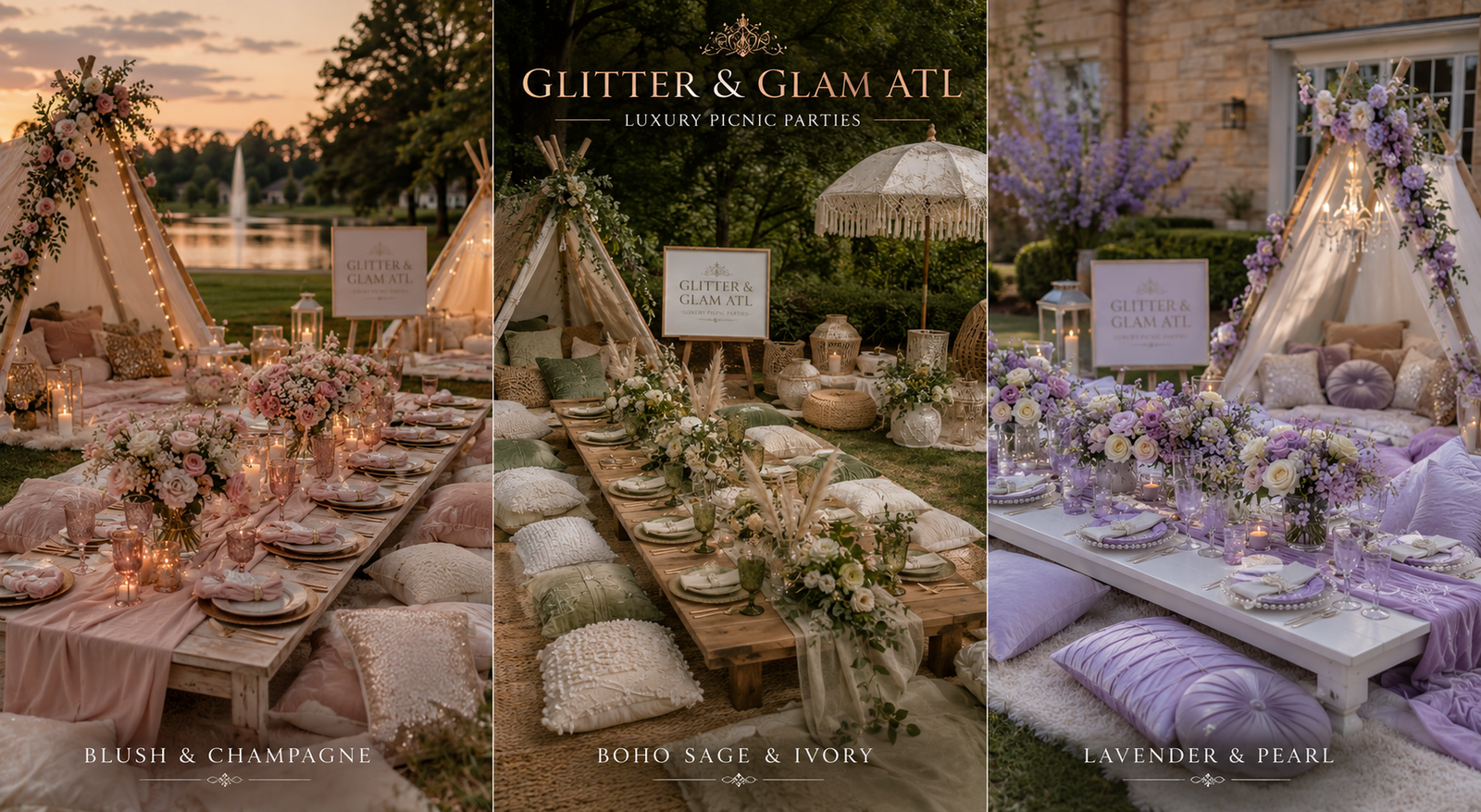 Luxury sleepover and spa party experience by Glitter & Glam ATL featuring teepees, robes, fairy lights, and premium party styling in Atlanta, Georgia.