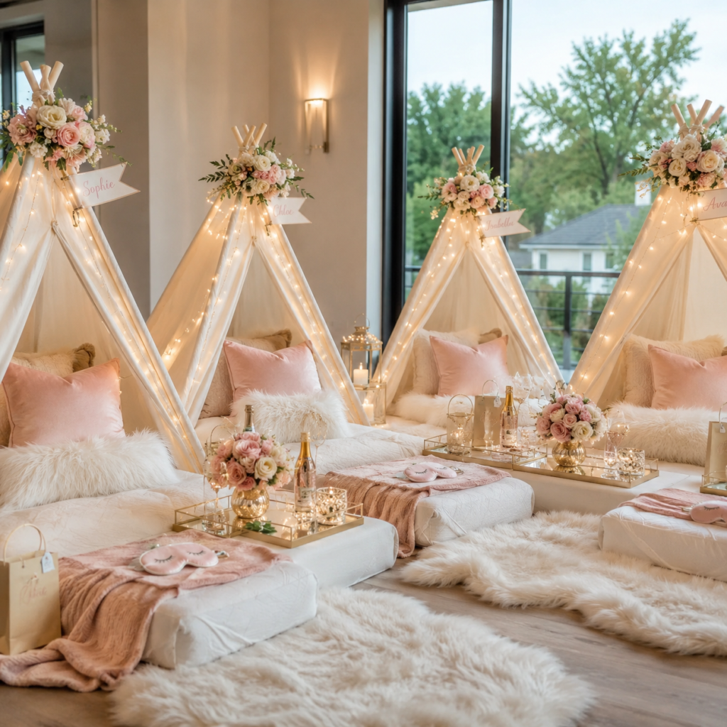 Luxury sleepover and spa party experience by Glitter & Glam ATL featuring teepees, robes, fairy lights, and premium party styling in Atlanta, Georgia.