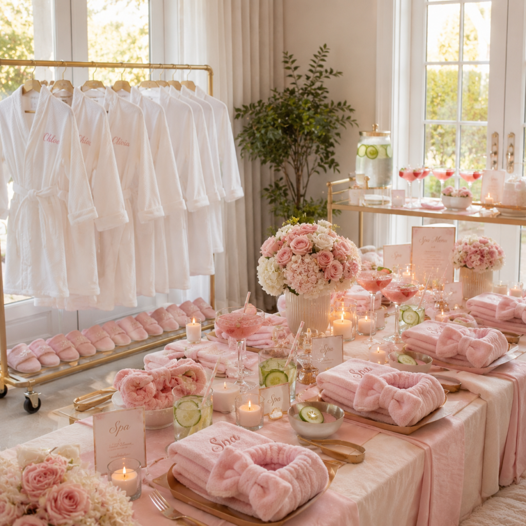 Luxury sleepover and spa party experience by Glitter & Glam ATL featuring teepees, robes, fairy lights, and premium party styling in Atlanta, Georgia.