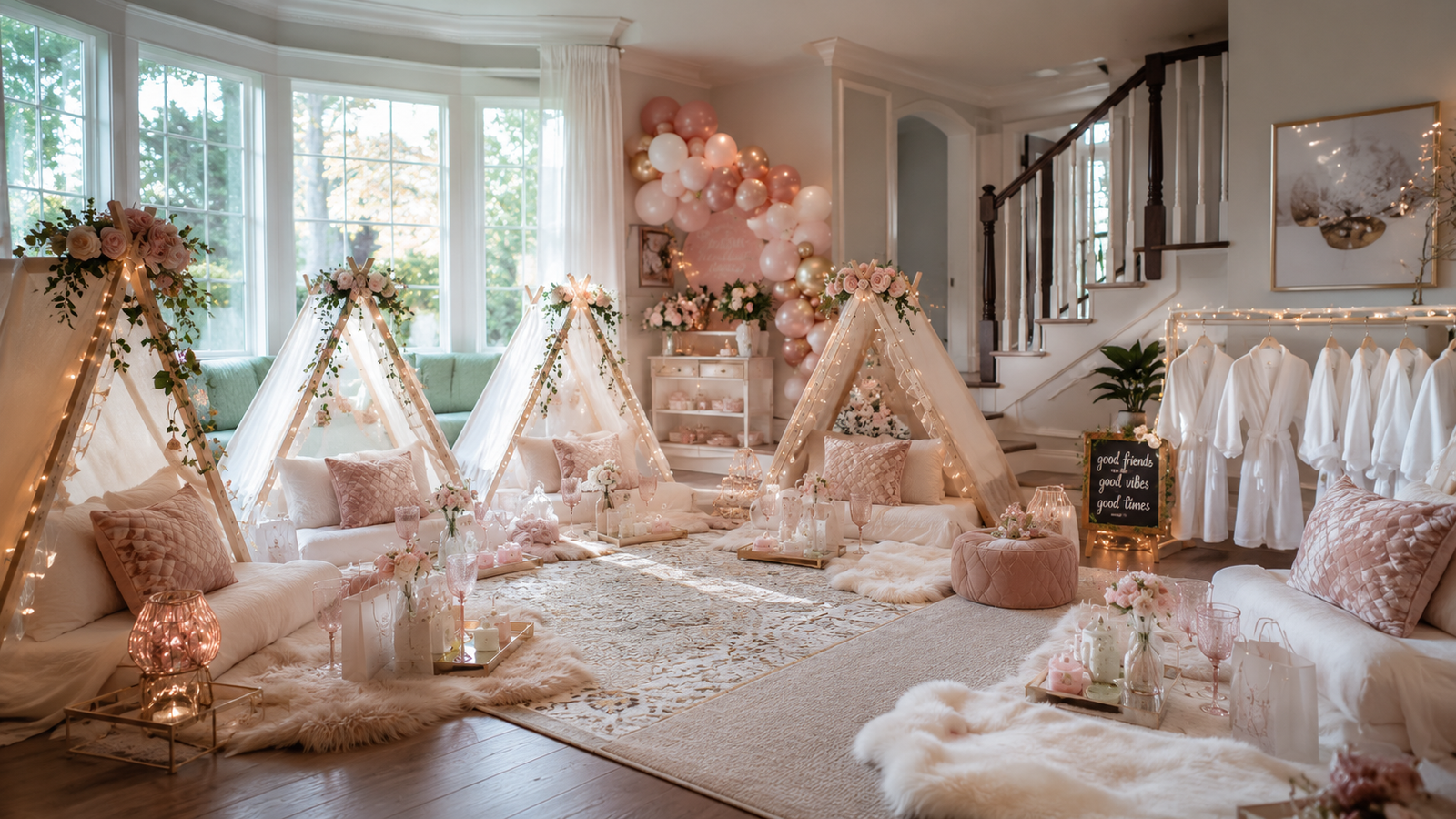 Luxury sleepover and spa party experience by Glitter & Glam ATL featuring teepees, robes, fairy lights, and premium party styling in Atlanta, Georgia.